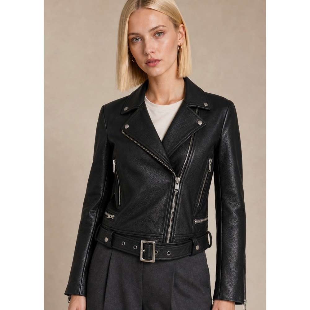 The Mighty Company Hastings Black Leather Belted Moto Biker Jacket Small